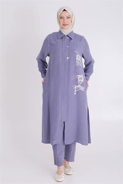 Behrem Büyük Beden Baskılı Pantolonlu Takım İndigo OTW35130