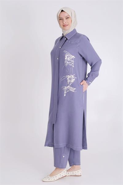 Behrem Büyük Beden Baskılı Pantolonlu Takım İndigo OTW35130