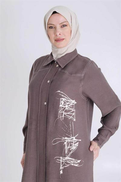 Behrem Büyük Beden Baskılı Pantolonlu Takım Kahve OTW35130