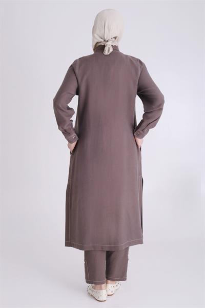 Behrem Büyük Beden Baskılı Pantolonlu Takım Kahve OTW35130