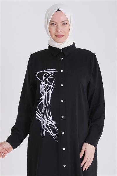 Behrem Büyük Beden Baskılı Tunik Siyah OTW2349