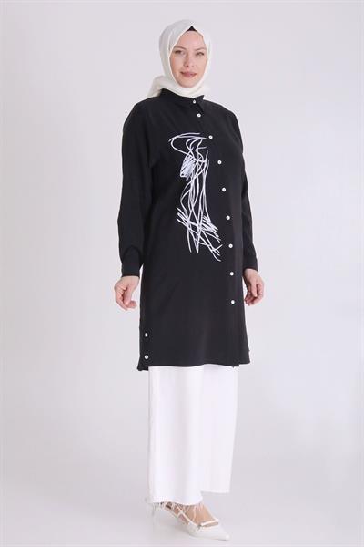 Behrem Büyük Beden Baskılı Tunik Siyah OTW2349