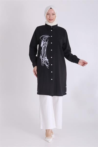 Behrem Büyük Beden Baskılı Tunik Siyah OTW2349