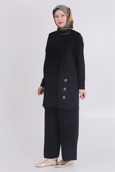 Behrem Büyük Beden Dokuma Pantolonlu Takım Siyah OTW35114