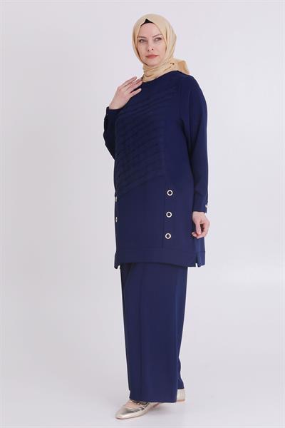 Behrem Büyük Beden Dokuma Pantolonlu Takım Lacivert OTW35114