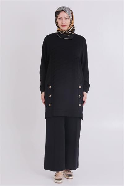 Behrem Büyük Beden Dokuma Pantolonlu Takım Siyah OTW35114