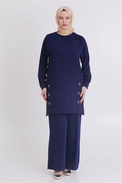 Behrem Büyük Beden Dokuma Pantolonlu Takım Lacivert OTW35114