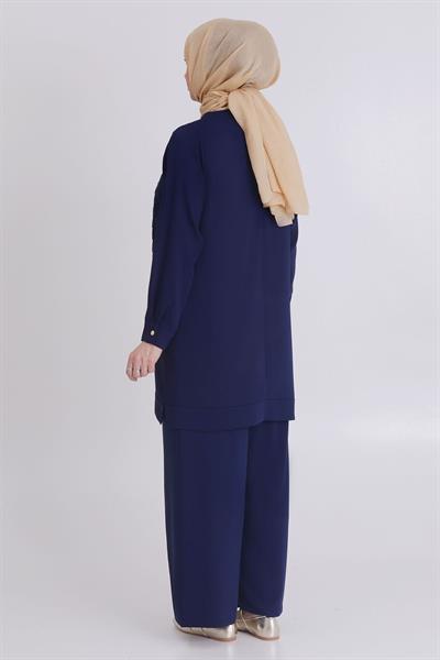 Behrem Büyük Beden Dokuma Pantolonlu Takım Lacivert OTW35114