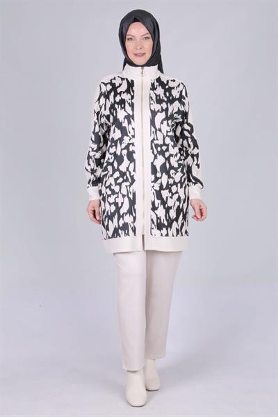 Behrem Büyük Beden Emprime Pantolonlu Takım Siyah-Bej OTW35113