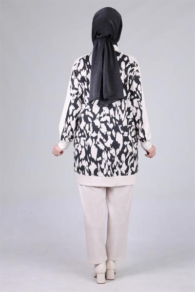 Behrem Büyük Beden Emprime Pantolonlu Takım Siyah-Bej OTW35113