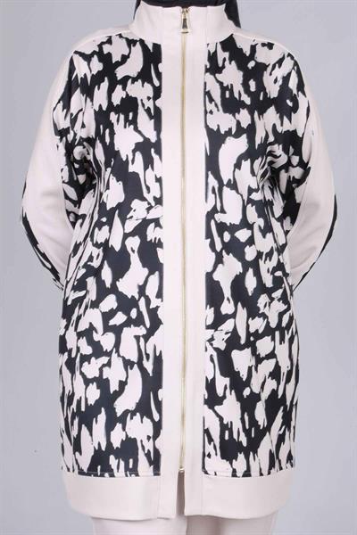 Behrem Büyük Beden Emprime Pantolonlu Takım Siyah-Bej OTW35113