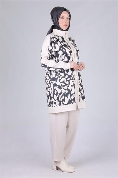 Behrem Büyük Beden Emprime Pantolonlu Takım Siyah-Bej OTW35113