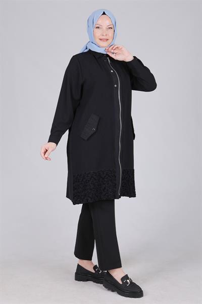 Behrem Büyük Beden Etek Ucu Çiçek Detaylı Kap Siyah OTW25094