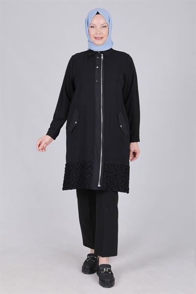 Behrem Büyük Beden Etek Ucu Çiçek Detaylı Kap Siyah OTW25094