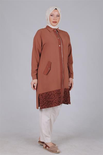 Behrem Büyük Beden Etek Ucu Çiçek Detaylı Kap Kahve OTW25094