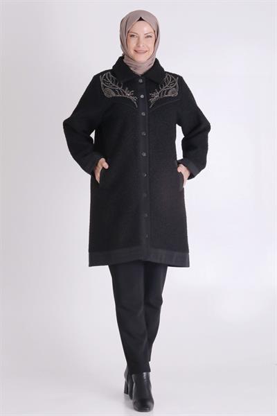 Behrem Büyük Beden Fermuarlı Cepli Siyah Tesettür Kap Siyah OTW25138