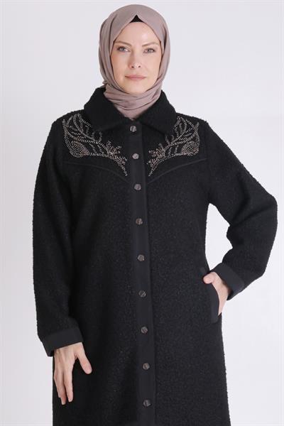Behrem Büyük Beden Fermuarlı Cepli Siyah Tesettür Kap Siyah OTW25138