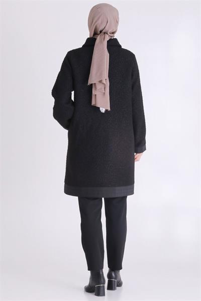 Behrem Büyük Beden Fermuarlı Cepli Siyah Tesettür Kap Siyah OTW25138