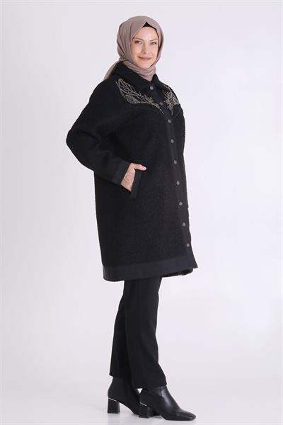 Behrem Büyük Beden Fermuarlı Cepli Siyah Tesettür Kap Siyah OTW25138