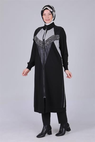 Behrem Büyük Beden Fermuarlı Kap Siyah OTW25110
