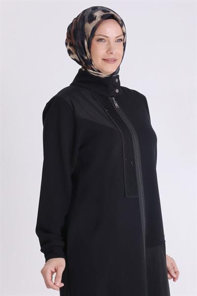 Behrem Büyük Beden Fermuarlı Tesettür Ferace Siyah OTW2824