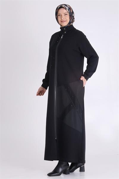 Behrem Büyük Beden Fermuarlı Tesettür Ferace Siyah OTW2824