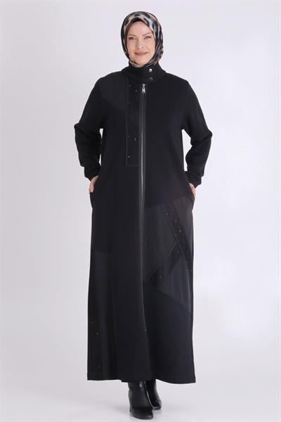 Behrem Büyük Beden Fermuarlı Tesettür Ferace Siyah OTW2824