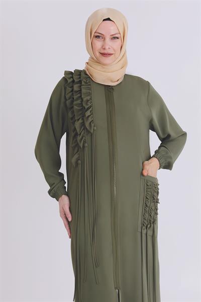 Behrem Büyük Beden Fırfırlı ve Biyeli Kap Haki OTW25112