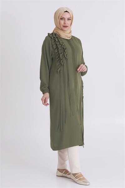 Behrem Büyük Beden Fırfırlı ve Biyeli Kap Haki OTW25112