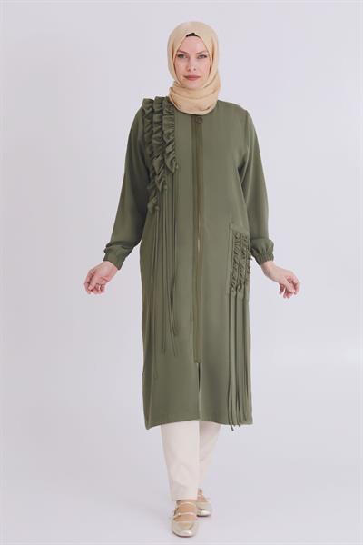 Behrem Büyük Beden Fırfırlı ve Biyeli Kap Haki OTW25112