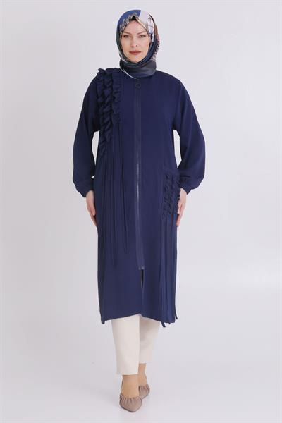 Behrem Büyük Beden Fırfırlı ve Biyeli Kap Lacivert OTW25112