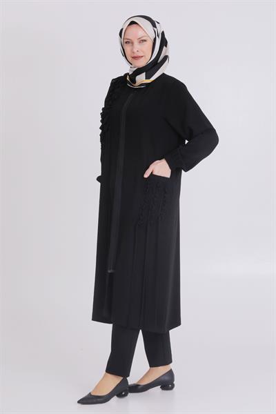 Behrem Büyük Beden Fırfırlı ve Biyeli Kap Siyah OTW25112