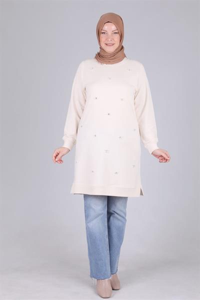 Behrem Büyük Beden İncili Tunik Vanilya OTW2041
