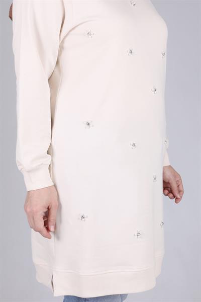 Behrem Büyük Beden İncili Tunik Vanilya OTW2041