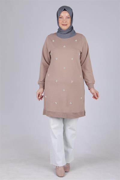 Behrem Büyük Beden İncili Tunik Vizon OTW2041