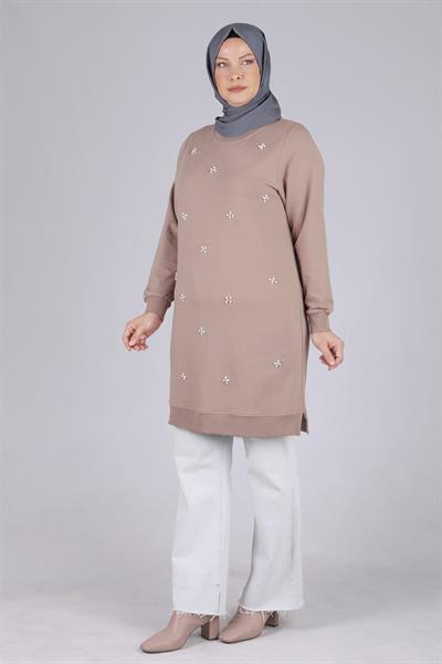 Behrem Büyük Beden İncili Tunik Vizon OTW2041