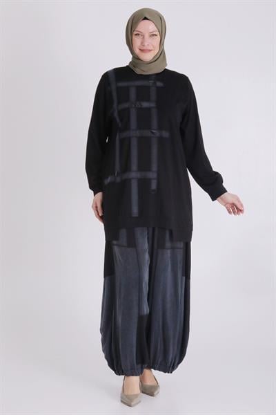 Behrem Büyük Beden İpek Qupra Pantolonlu Takım Siyah OTW35128