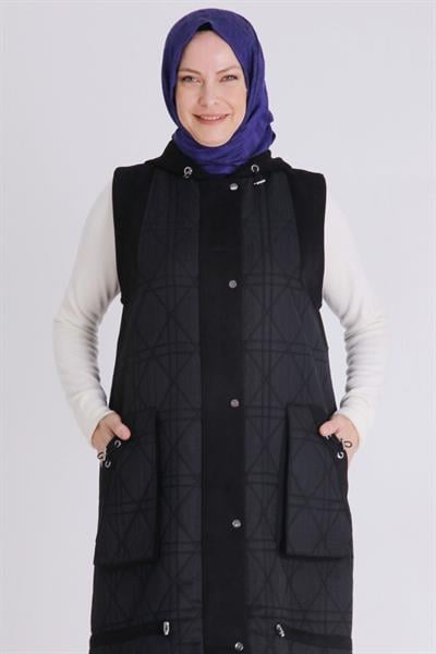 Behrem Büyük Beden Kapitone Cepli Tesettür Yelek Siyah OTW30013