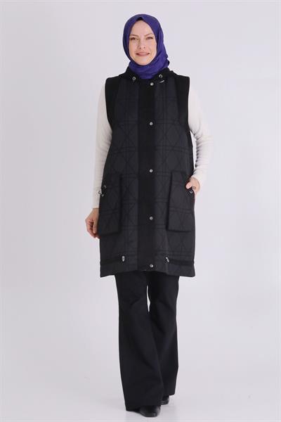 Behrem Büyük Beden Kapitone Cepli Tesettür Yelek Siyah OTW30013