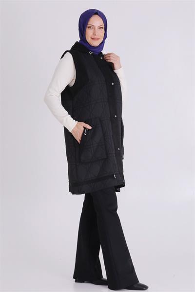 Behrem Büyük Beden Kapitone Cepli Tesettür Yelek Siyah OTW30013