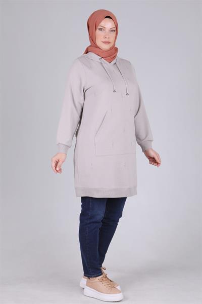 Behrem Büyük Beden Kapüşonlu Tunik Gri OTW2042