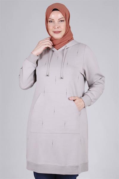 Behrem Büyük Beden Kapüşonlu Tunik Gri OTW2042