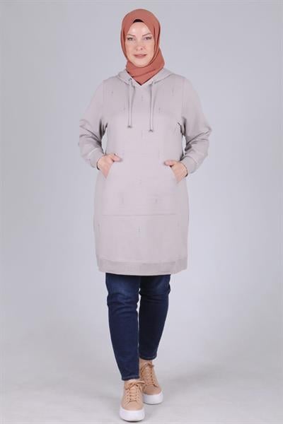 Behrem Büyük Beden Kapüşonlu Tunik Gri OTW2042
