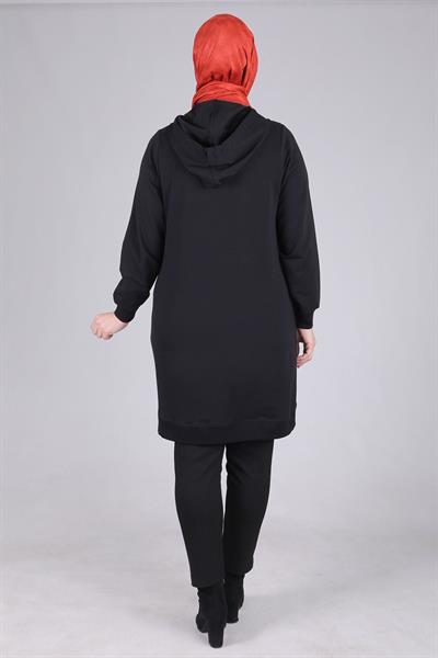 Behrem Büyük Beden Kapüşonlu Tunik Siyah OTW2042