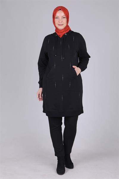 Behrem Büyük Beden Kapüşonlu Tunik Siyah OTW2042
