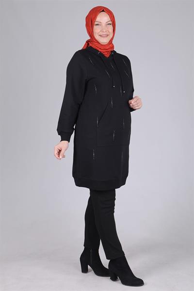Behrem Büyük Beden Kapüşonlu Tunik Siyah OTW2042