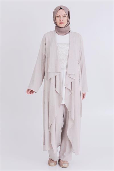 Behrem Büyük Beden Keten Üçlü Takım Bej OTW70015