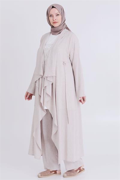 Behrem Büyük Beden Keten Üçlü Takım Bej OTW70015