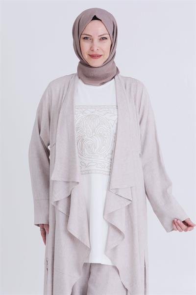 Behrem Büyük Beden Keten Üçlü Takım Bej OTW70015