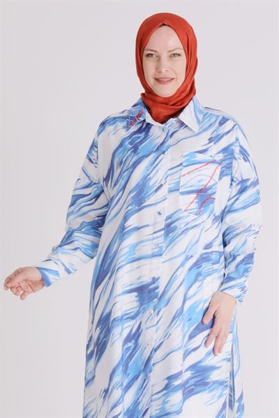 Behrem Büyük Beden Modal Desenli Tunik Mavi OTW23031